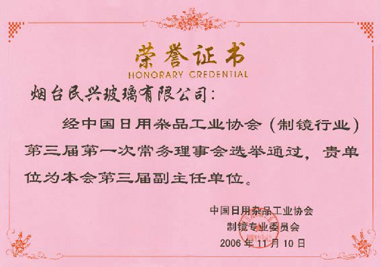2006年11月被选为中国日用杂品工业 协会（制镜分会）副主任单位